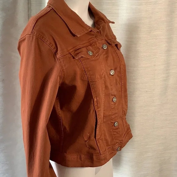 Kensie Vintage Luxe Pumpkin Rust Distressed Stretch Denim Jean Jacket Sz L - Picture 5 of 11
